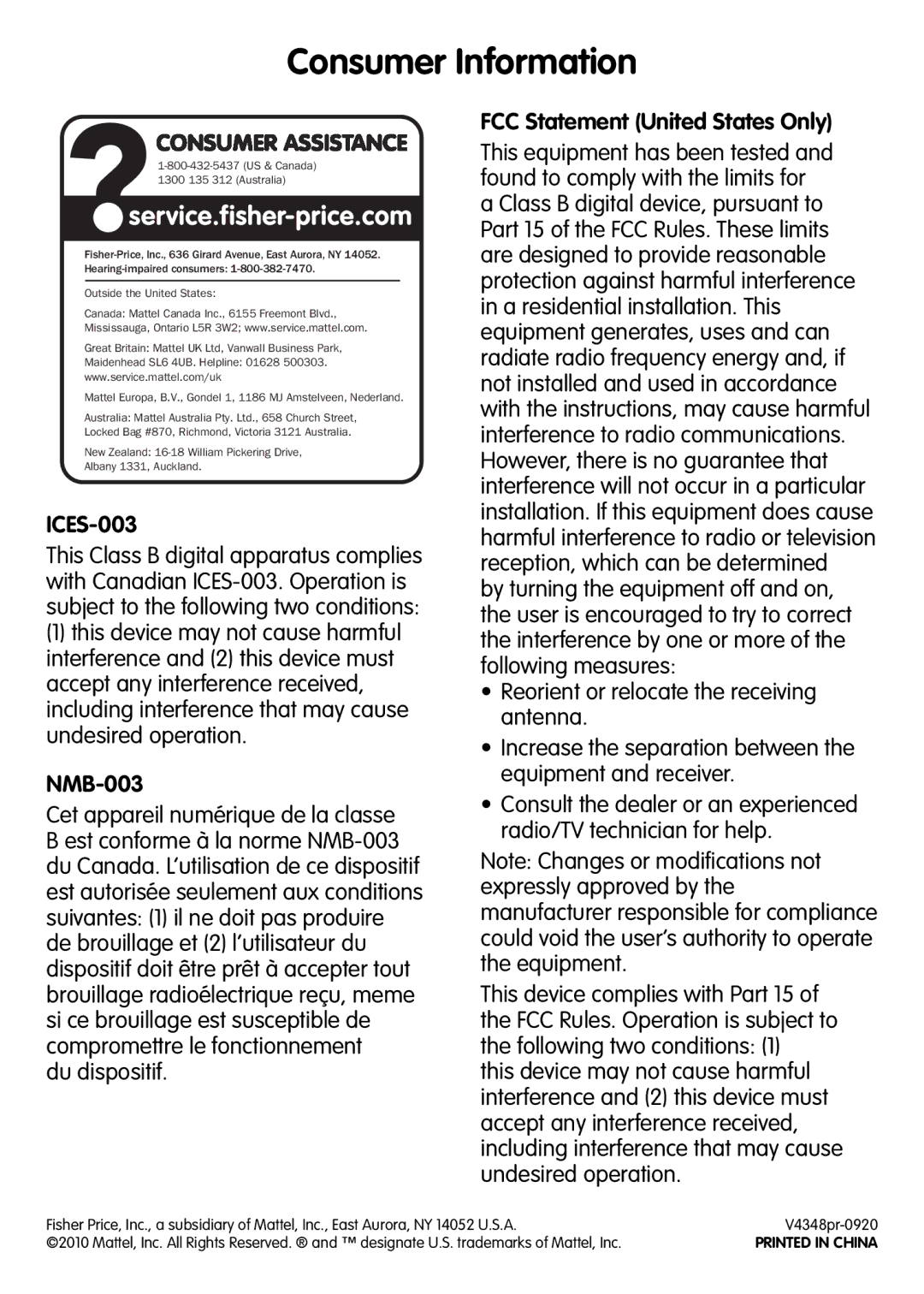 Fisher-Price V4348 manual Consumer Information, ICES-003, NMB-003, FCC Statement United States Only 