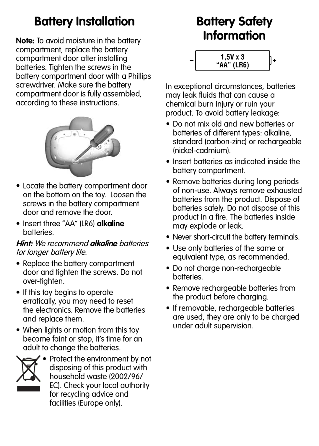 Fisher-Price V4377 Battery Installation, Battery Safety Information, Insert three AA LR6 alkaline batteries 