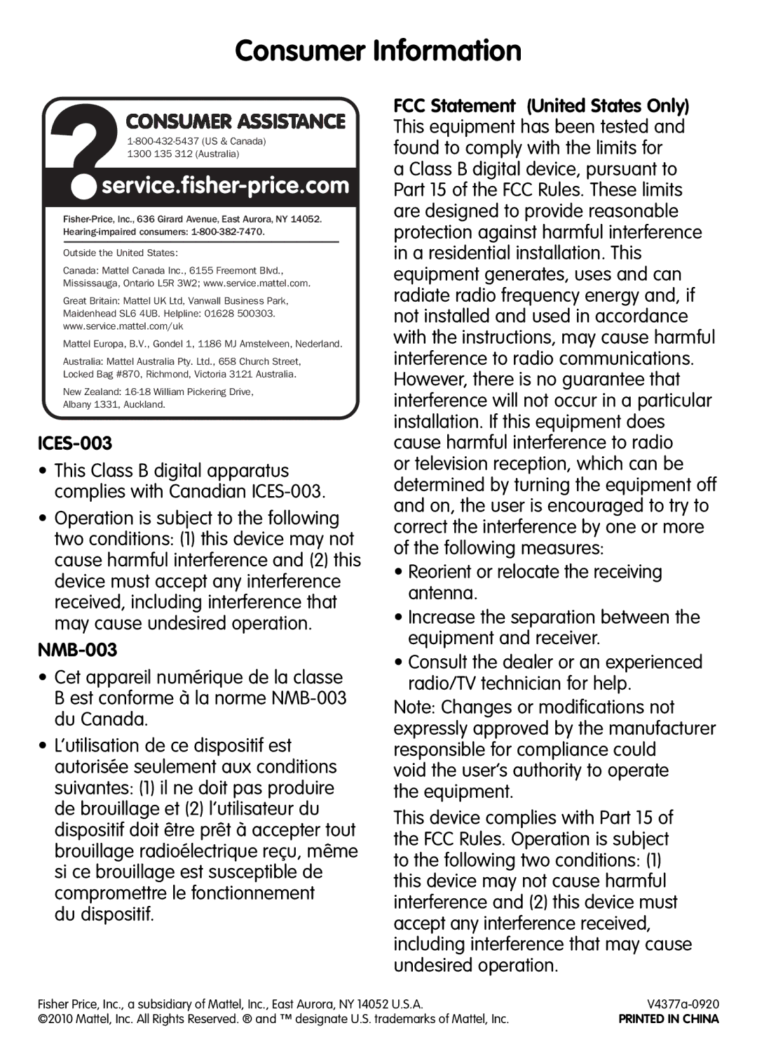 Fisher-Price V4377 Consumer Information, Du dispositif, Void the user’s authority to operate the equipment 