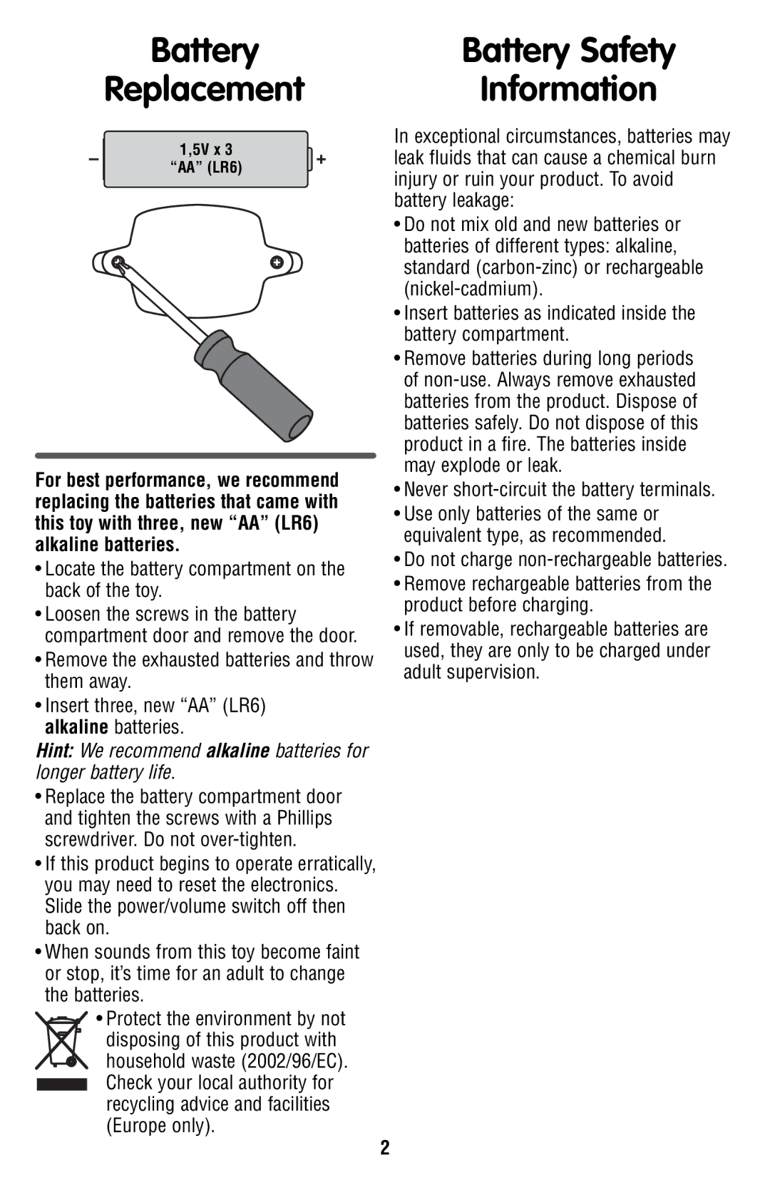 Fisher-Price V5611 manual Battery Battery Safety Replacement Information 