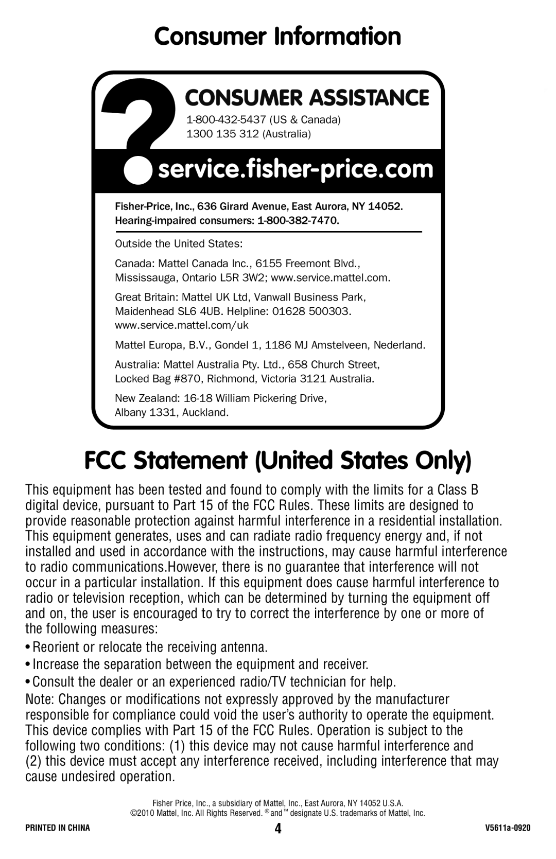 Fisher-Price V5611 manual Consumer Information, FCC Statement United States Only 