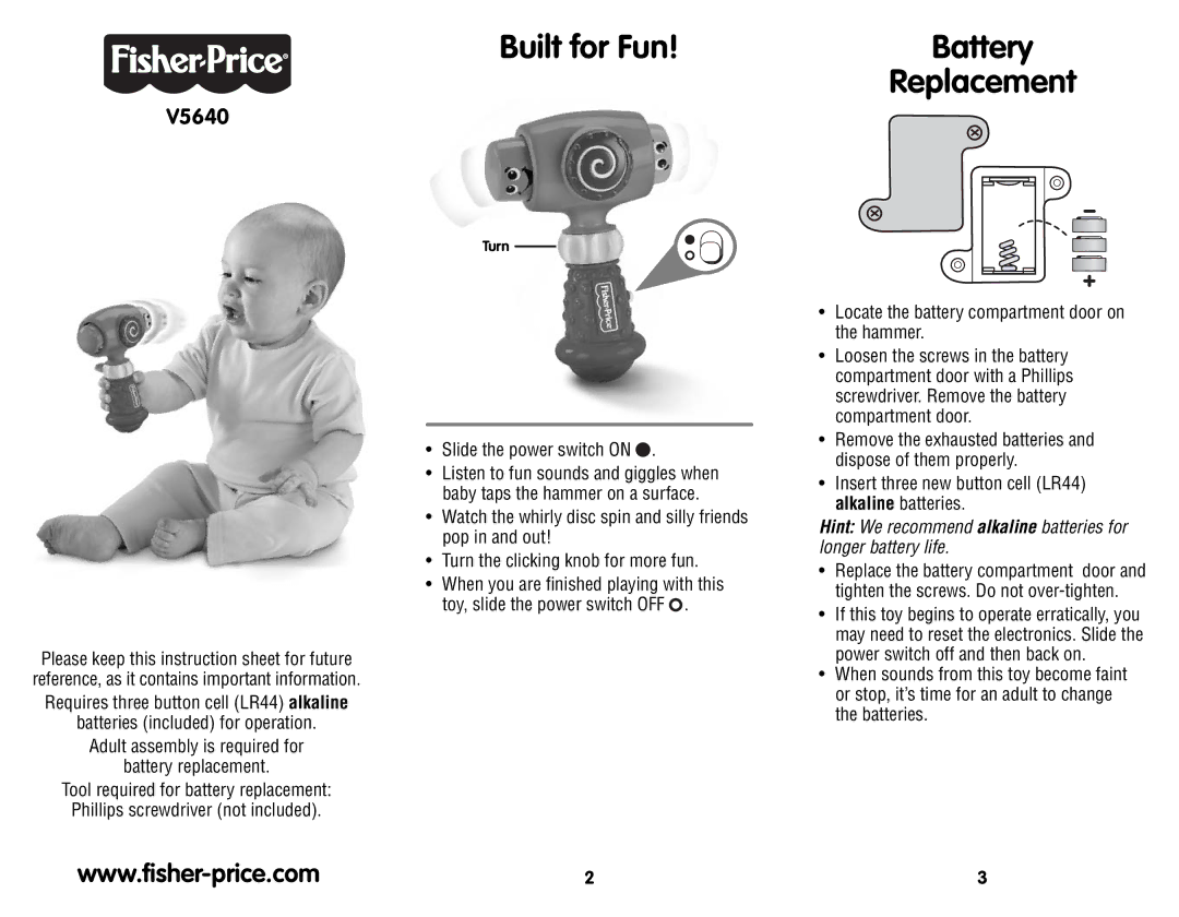 Fisher-Price V5640 instruction sheet Built for Fun, Battery Replacement, Turn 