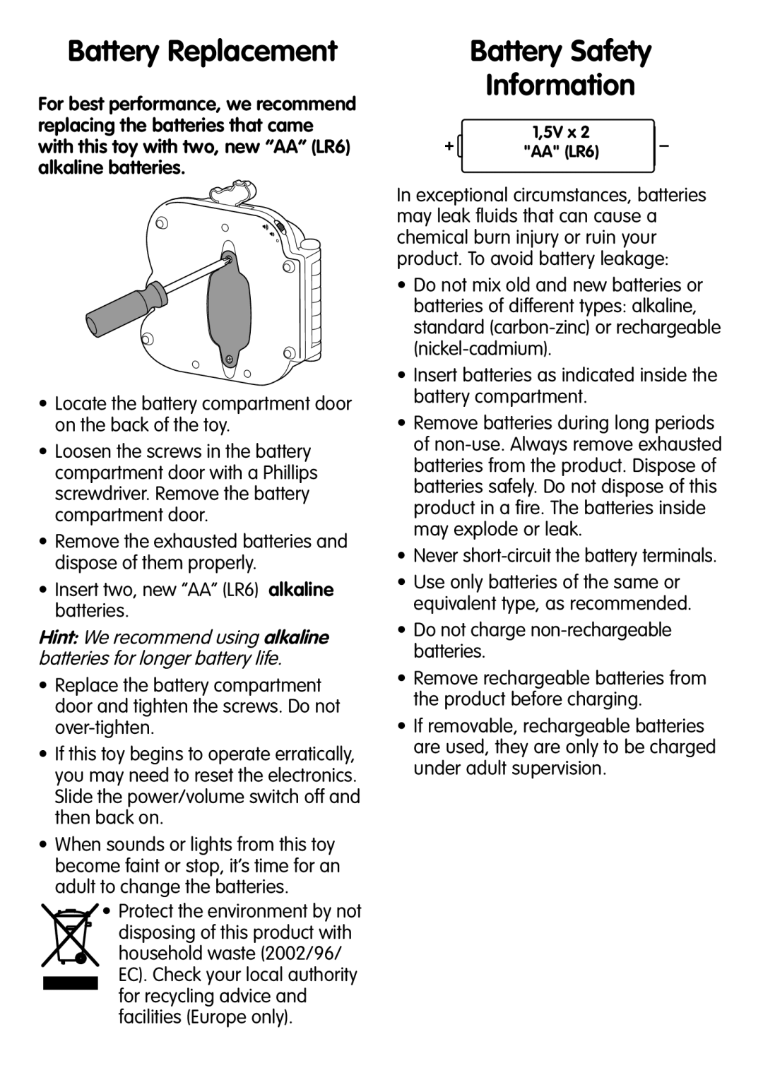 Fisher-Price V5664 instruction sheet Battery Replacement, Battery Safety Information 