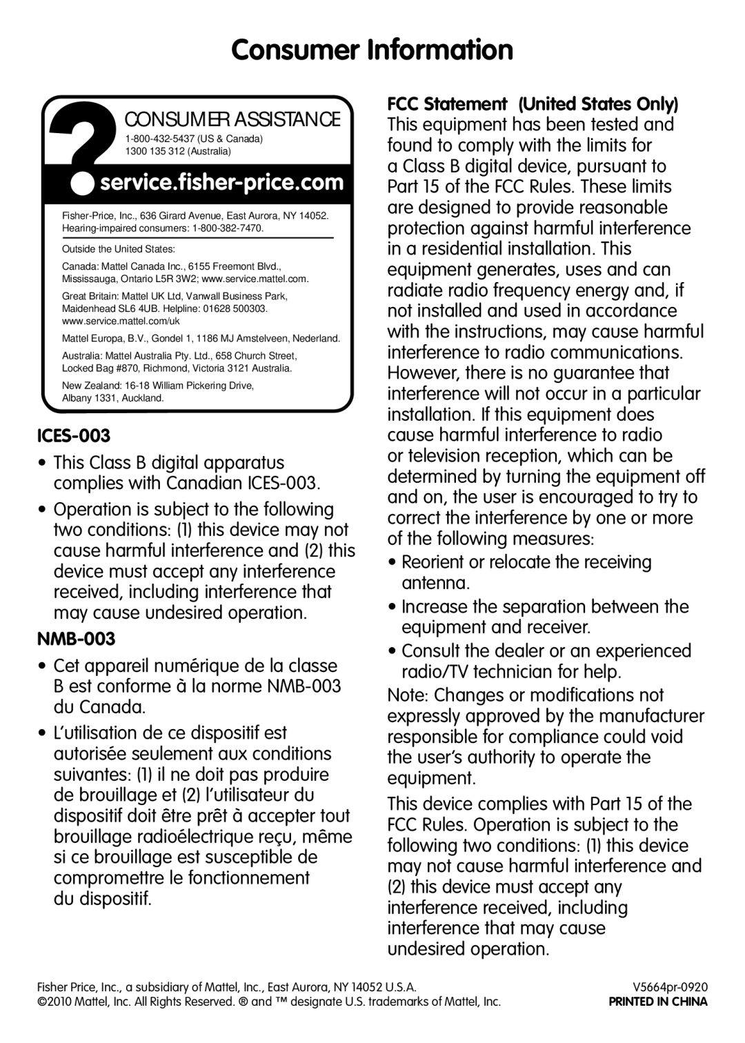 Fisher-Price V5664 instruction sheet Consumer Information, ICES-003, NMB-003, FCC Statement United States Only 