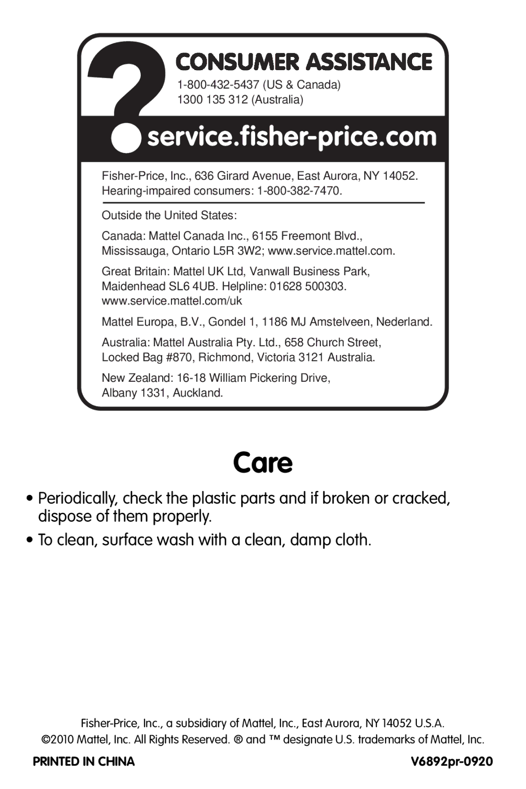 Fisher-Price V6892 instruction sheet Care 