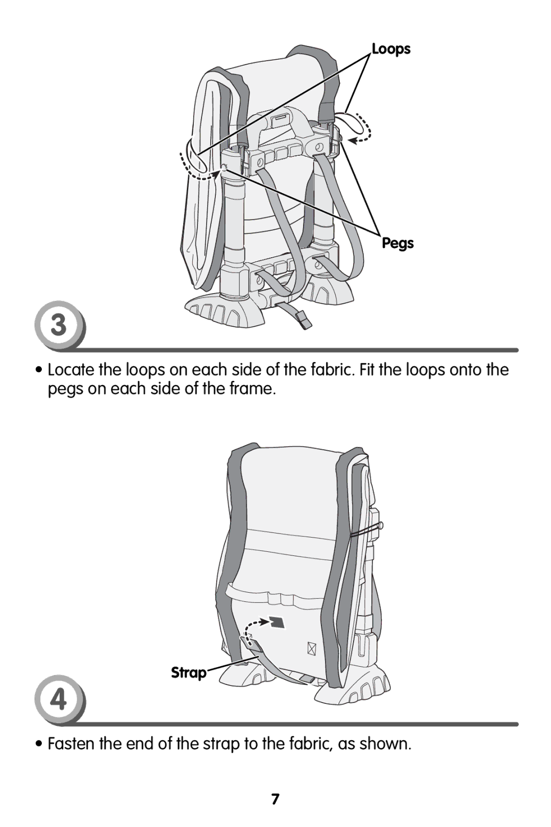 Fisher-Price V6892 instruction sheet Fasten the end of the strap to the fabric, as shown 