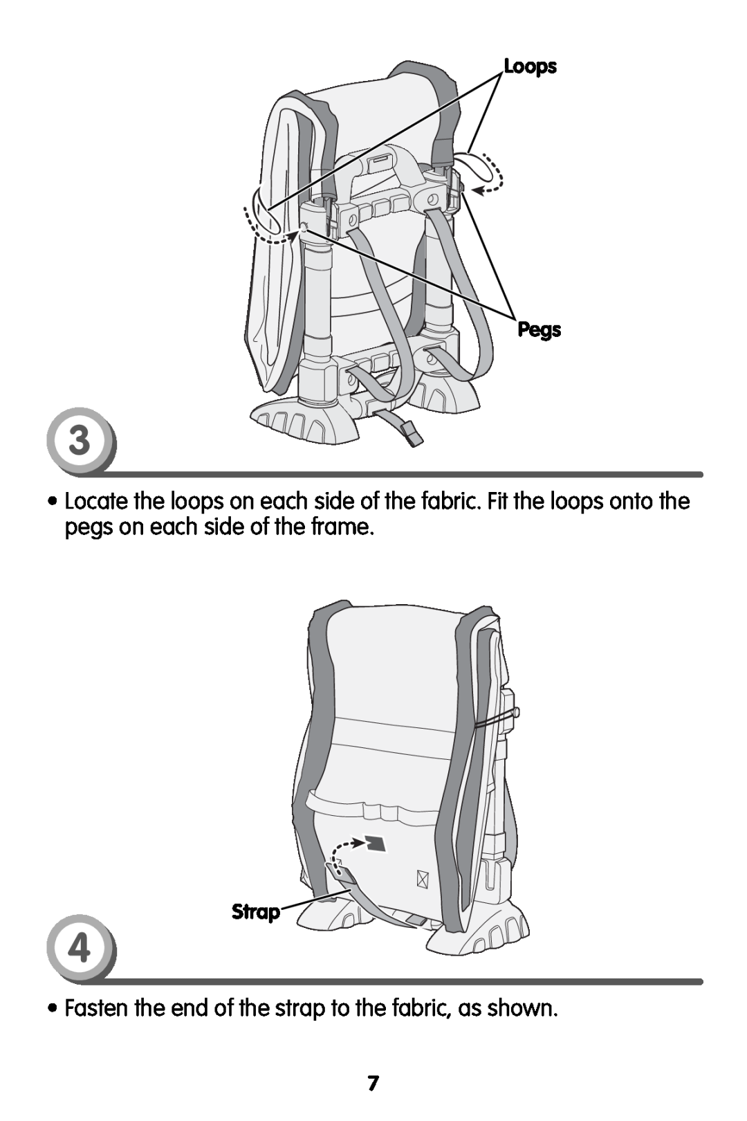 Fisher-Price V6892 instruction sheet Fasten the end of the strap to the fabric, as shown, Loops Pegs, Strap 