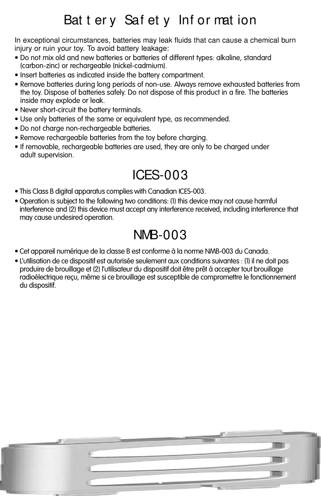 Fisher-Price V7310 instruction sheet Battery Safety Information 