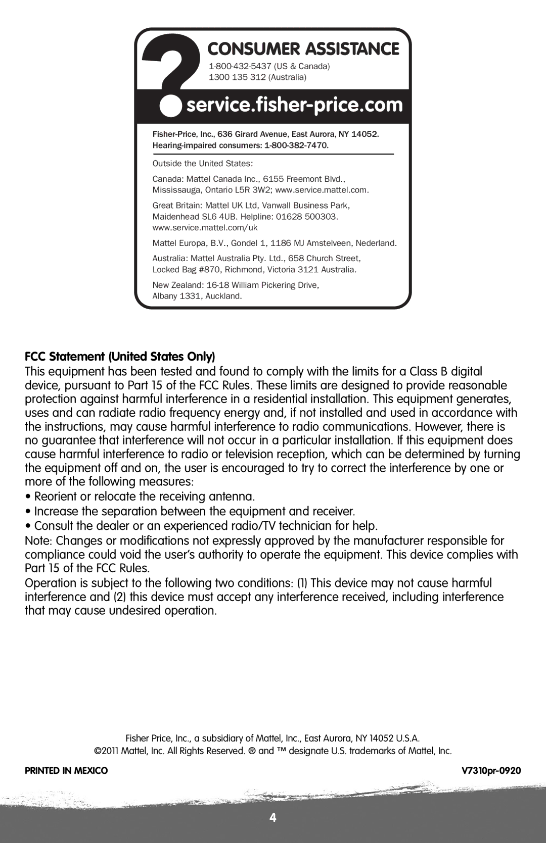 Fisher-Price V7310 instruction sheet Consumer Assistance, FCC Statement United States Only 