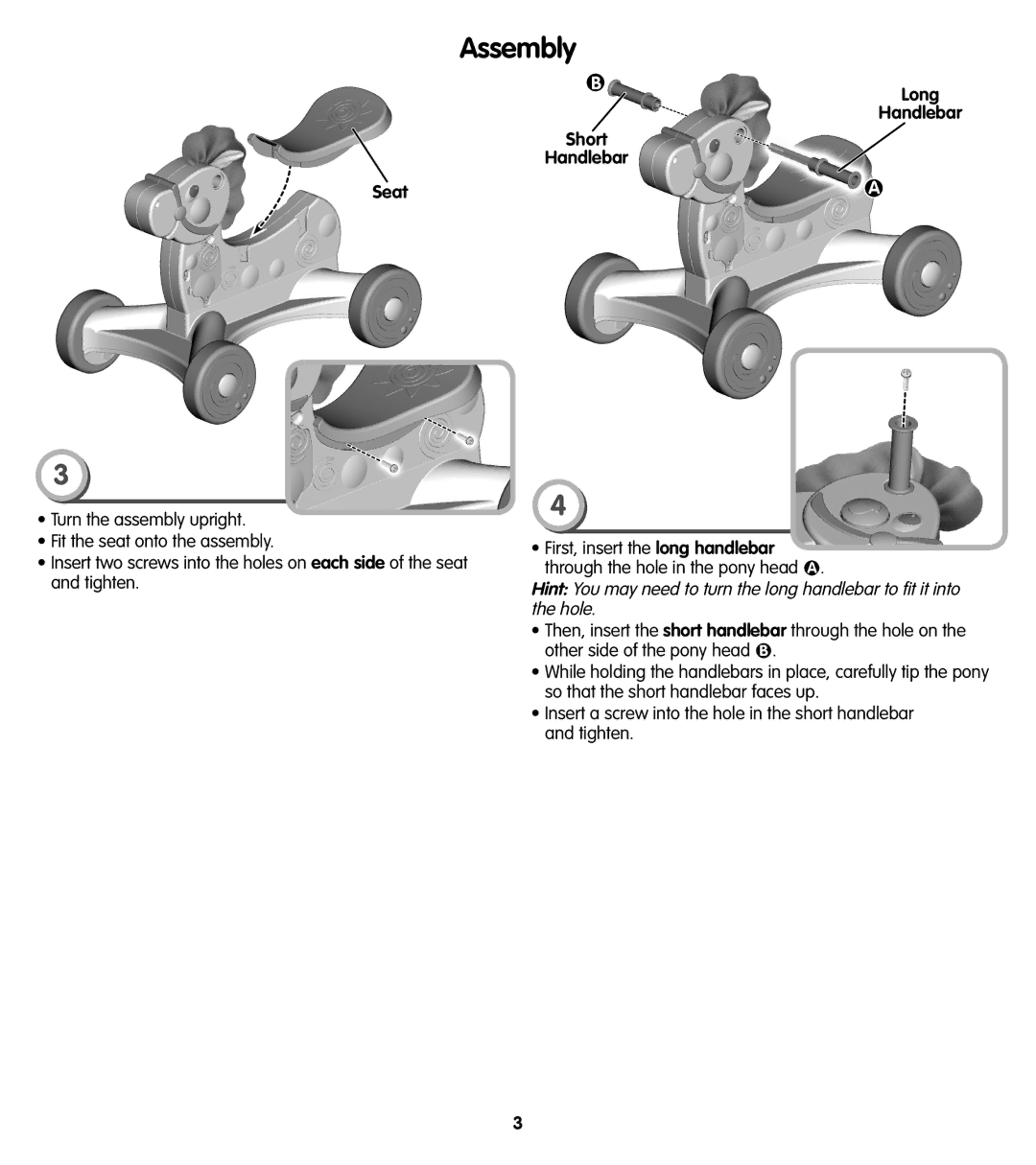 Fisher-Price V7505 instruction sheet Long Handlebar Short, Seat 