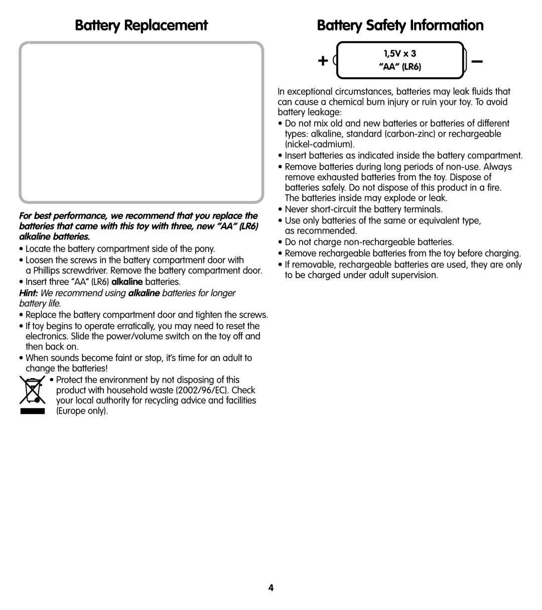 Fisher-Price V7505 instruction sheet Battery Replacement, 5V x AA LR6 