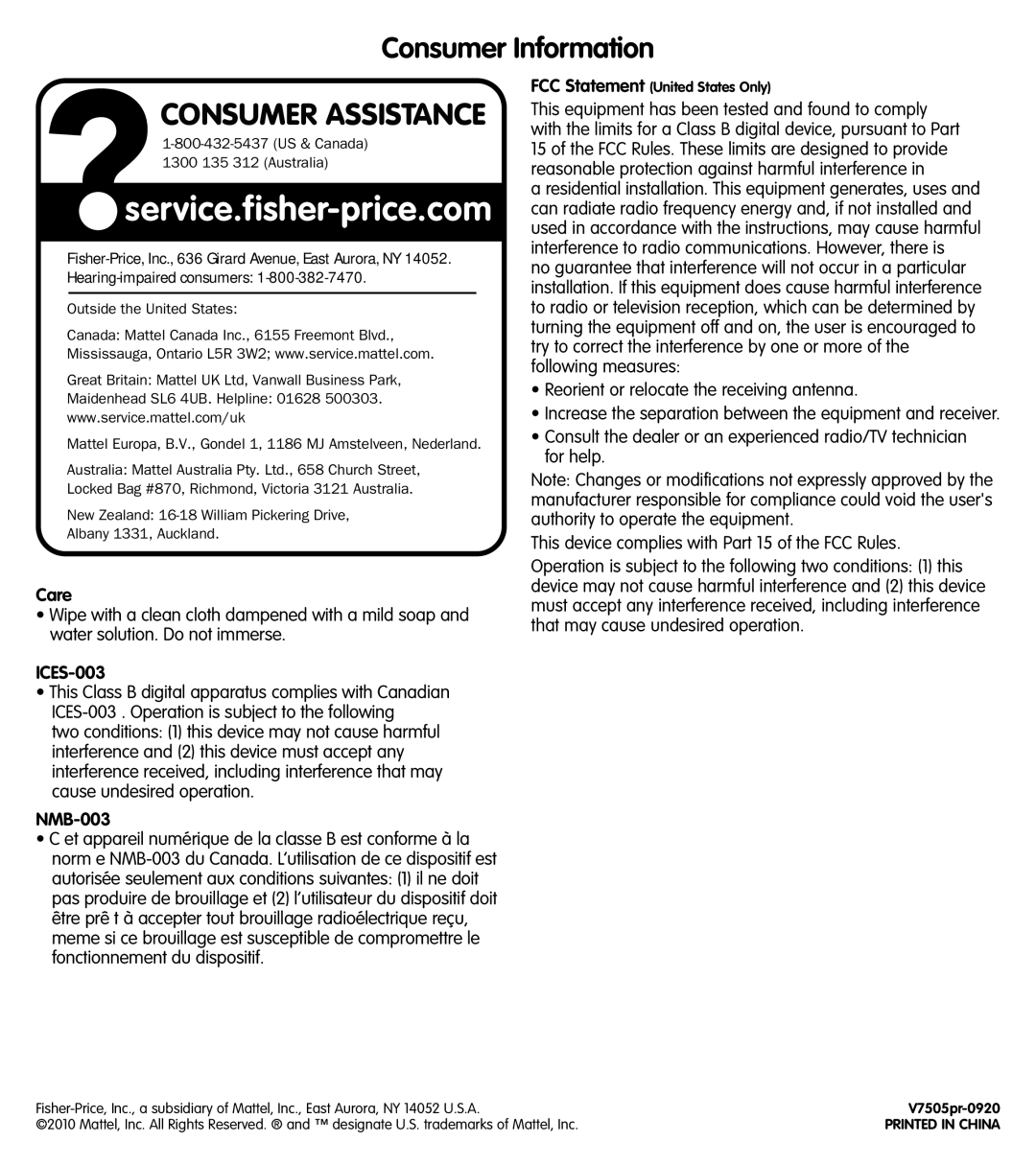 Fisher-Price V7505 instruction sheet Consumer Information, Care, ICES-003, NMB-003 