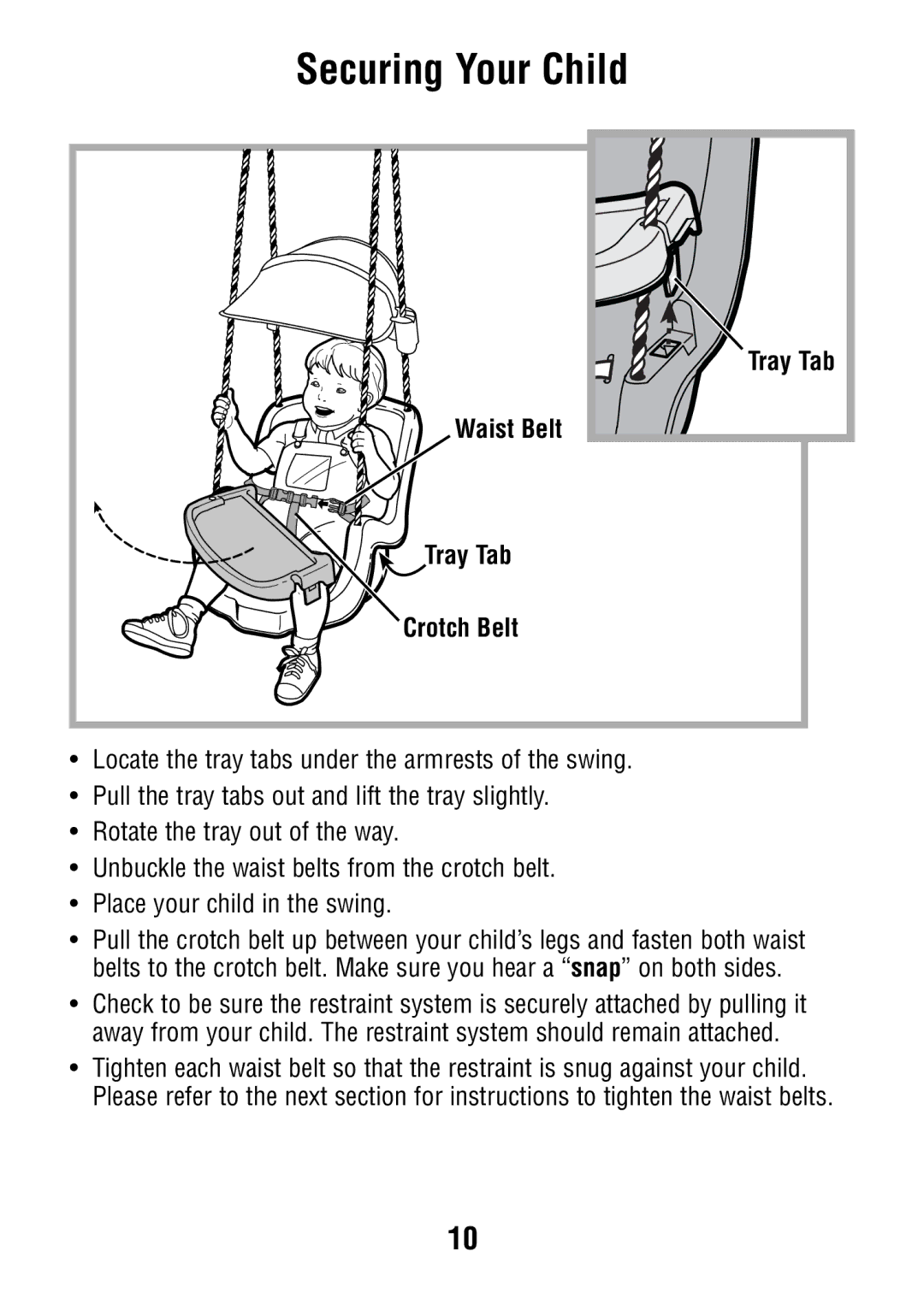 Fisher-Price V7597 manual Securing Your Child, Waist Belt, Tray Tab, Crotch Belt 