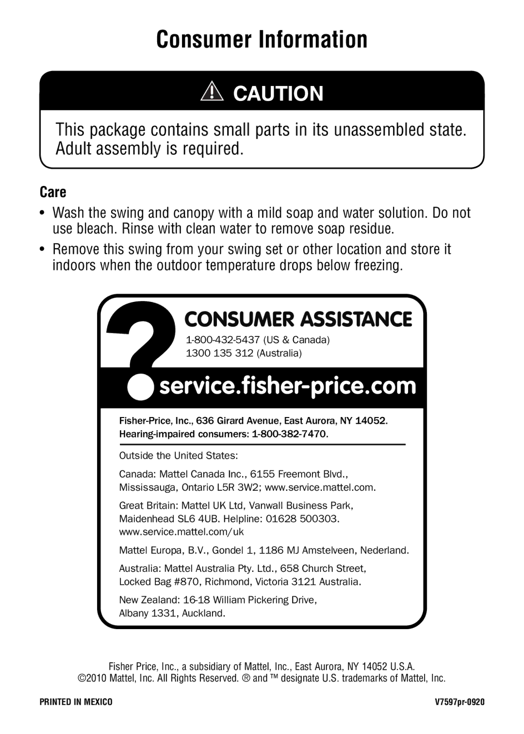 Fisher-Price V7597 manual Consumer Assistance, Care 