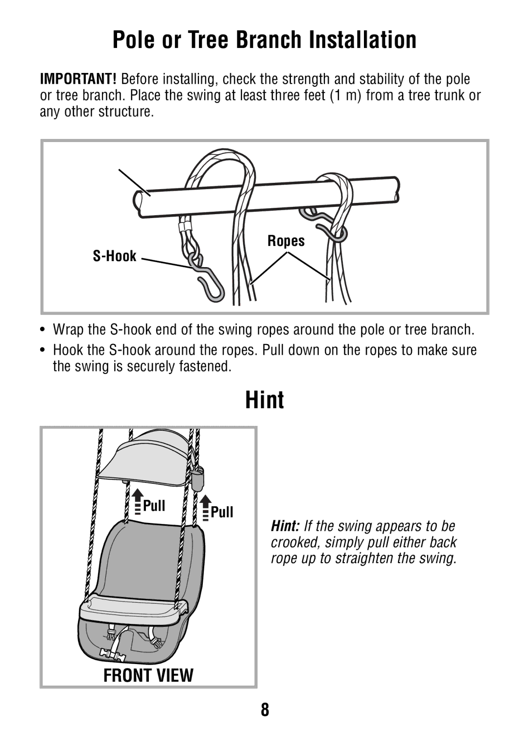 Fisher-Price V7597 manual Pole or Tree Branch Installation, Hint, Front View, Ropes Hook, Pull Pull 