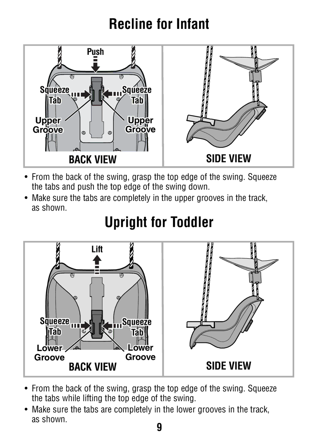 Fisher-Price V7597 manual Recline for Infant, Upright for Toddler, Back View, Side View 