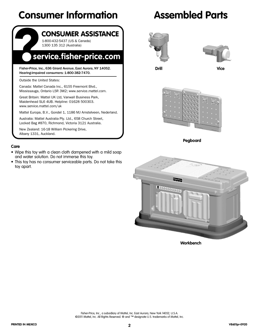 Fisher-Price V8601 instruction sheet Consumer Information, Drill, Pegboard Care, Workbench 