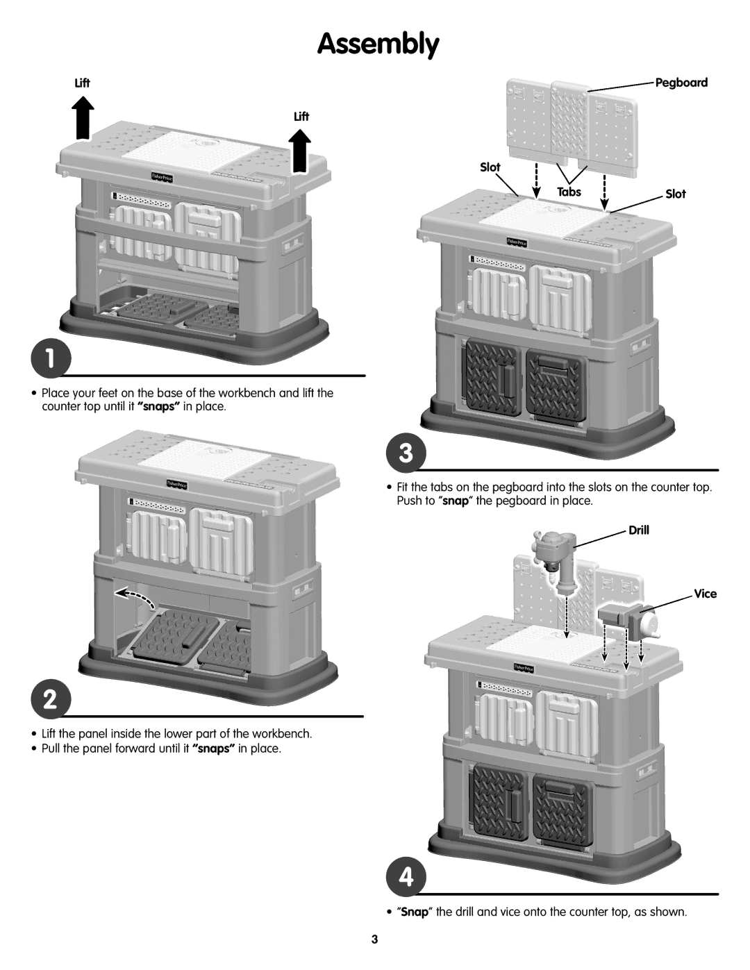 Fisher-Price V8601 instruction sheet Assembly, Lift, Slot TabsSlot, Drill Vice 