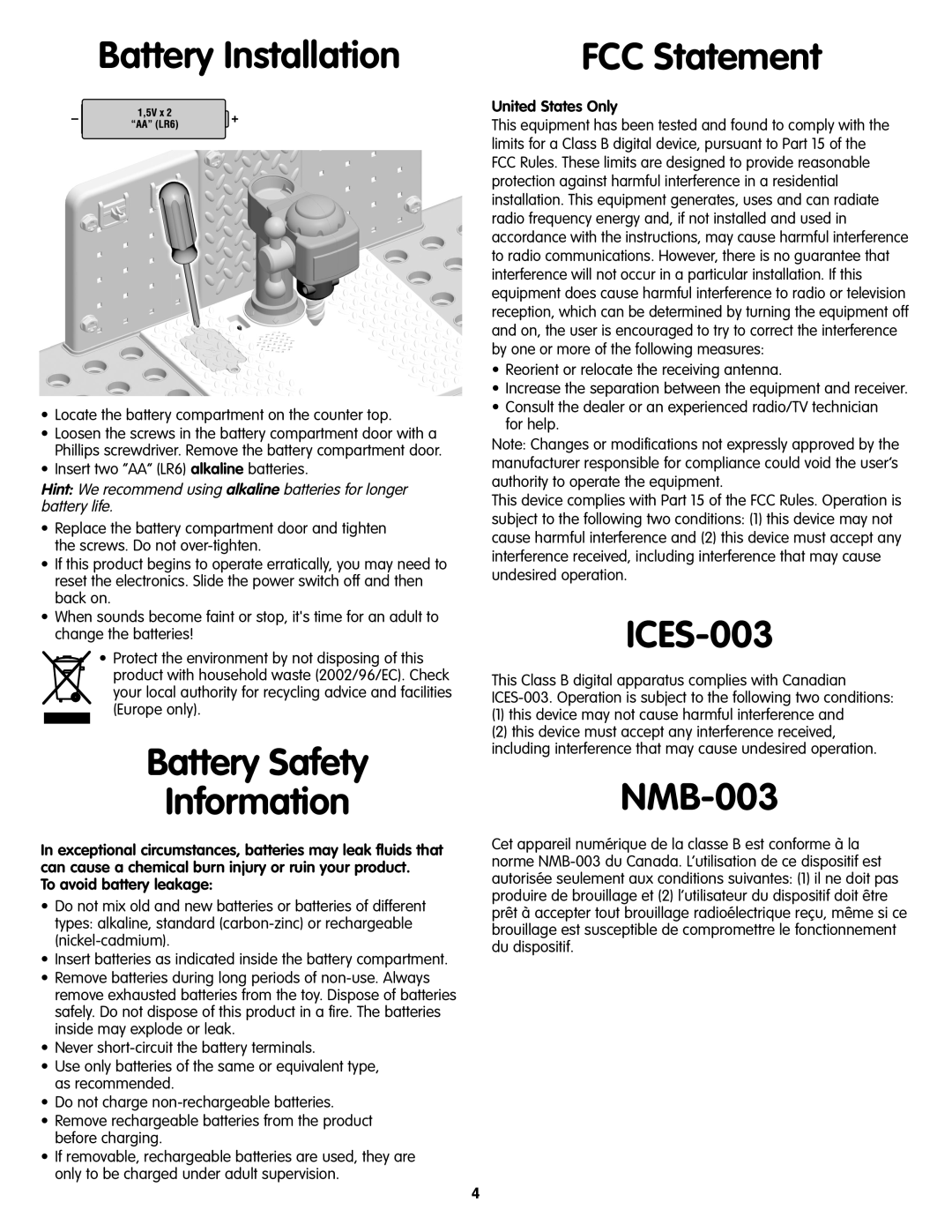 Fisher-Price V8601 instruction sheet Battery Installation, Battery Safety Information, FCC Statement, ICES-003, NMB-003 