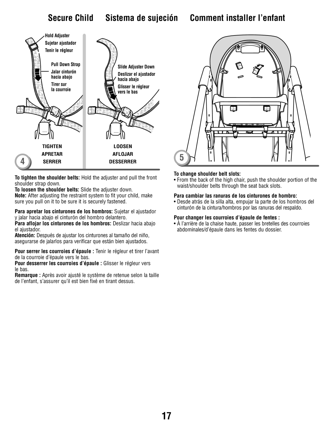 Fisher-Price V8606 manual To change shoulder belt slots, Para cambiar las ranuras de los cinturones de hombro 