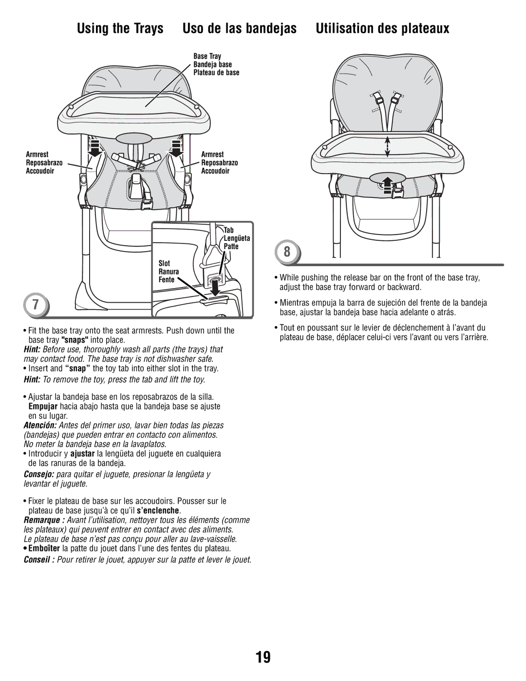 Fisher-Price V8606 manual Base Tray Bandeja base Plateau de base Armrest Reposabrazo 