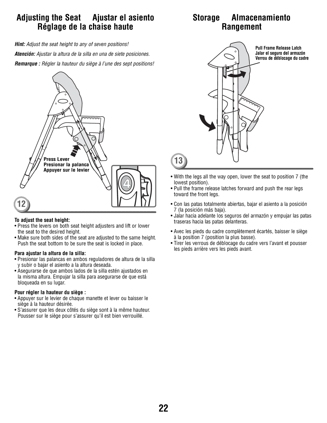 Fisher-Price V8606 manual To adjust the seat height, Para ajustar la altura de la silla, Pour régler la hauteur du siège 