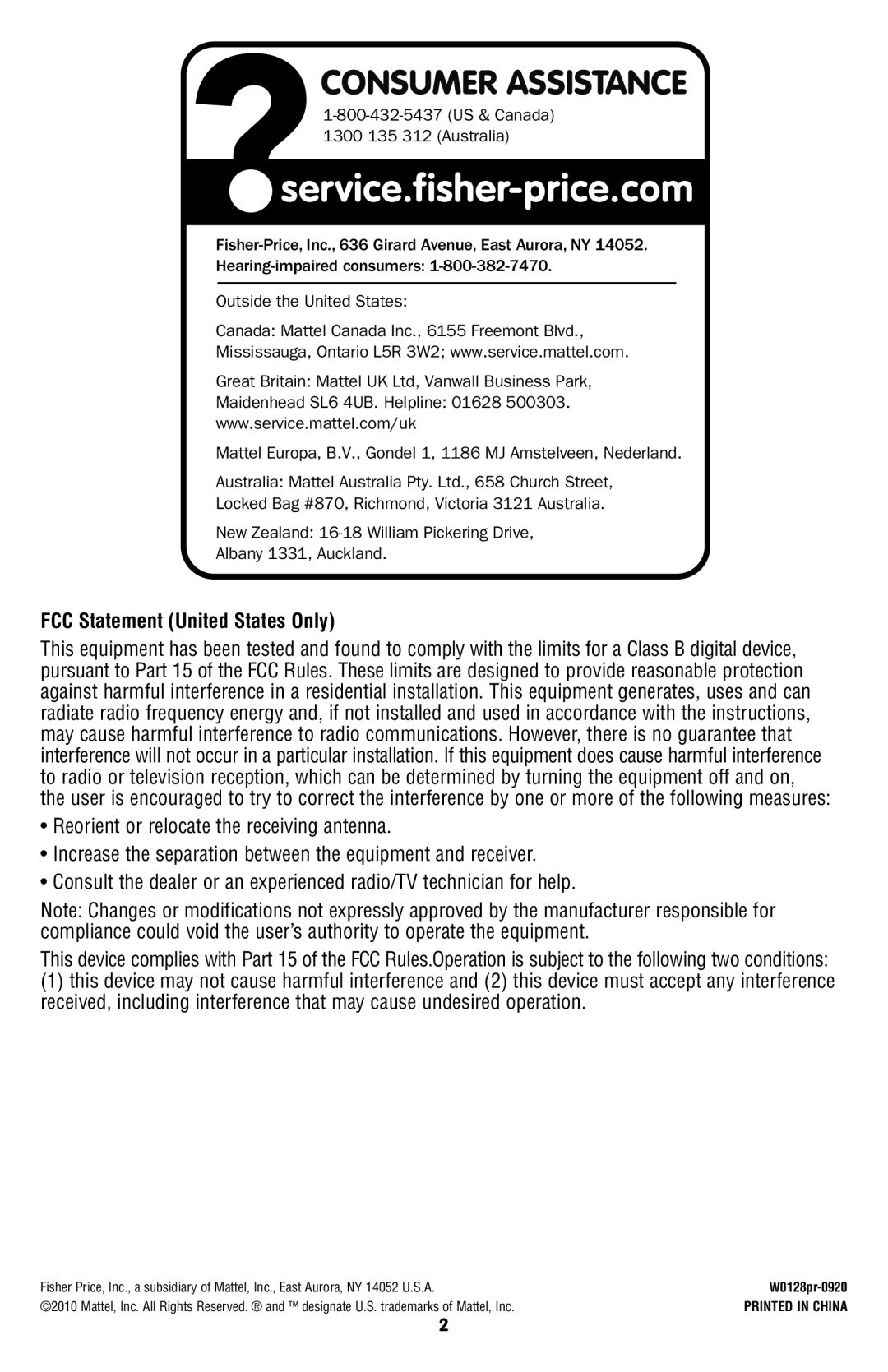 Fisher-Price W0128 instruction sheet Consumer Assistance, FCC Statement United States Only 