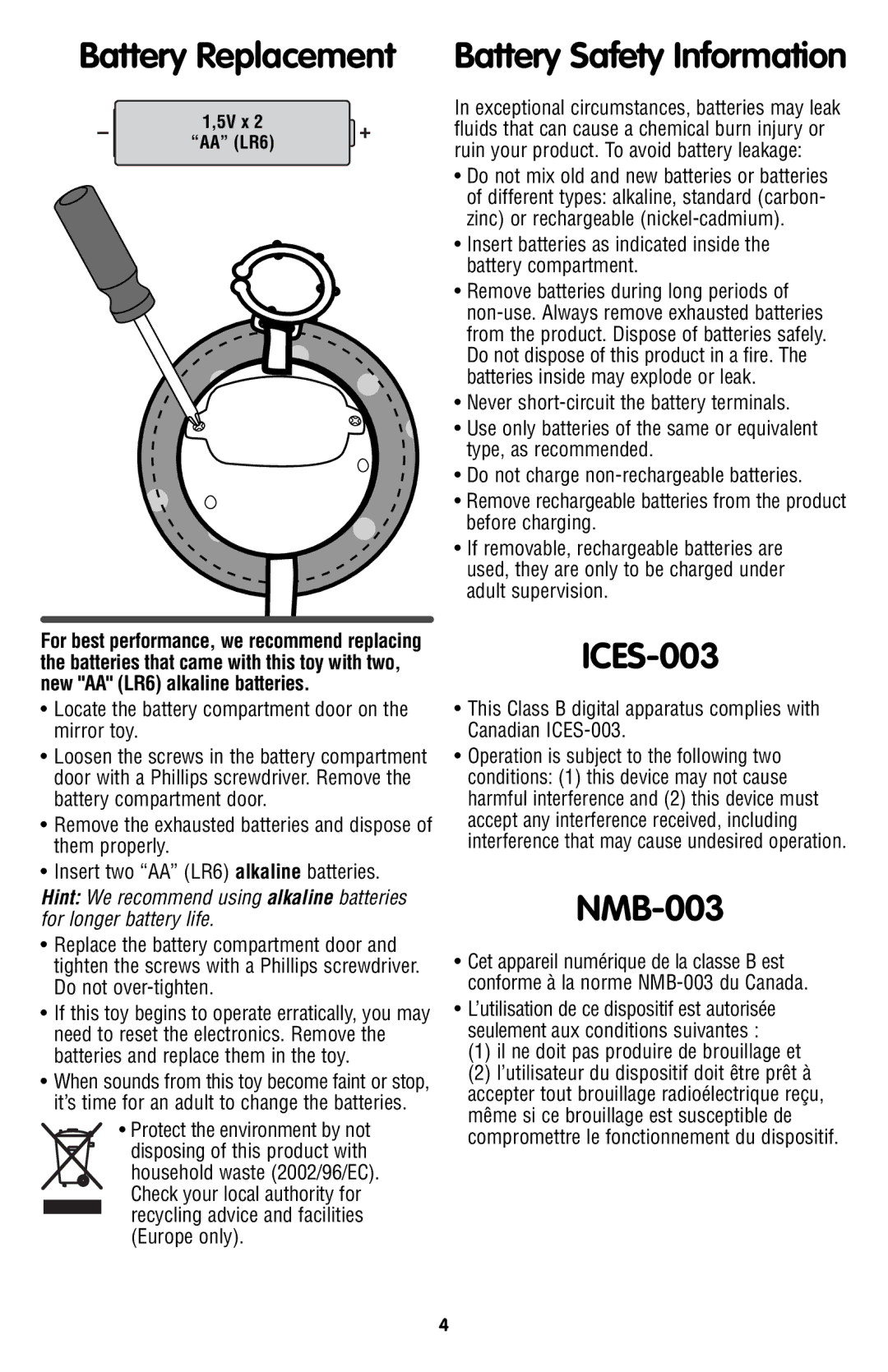 Fisher-Price W0128 instruction sheet Battery Replacement, ICES-003, NMB-003 