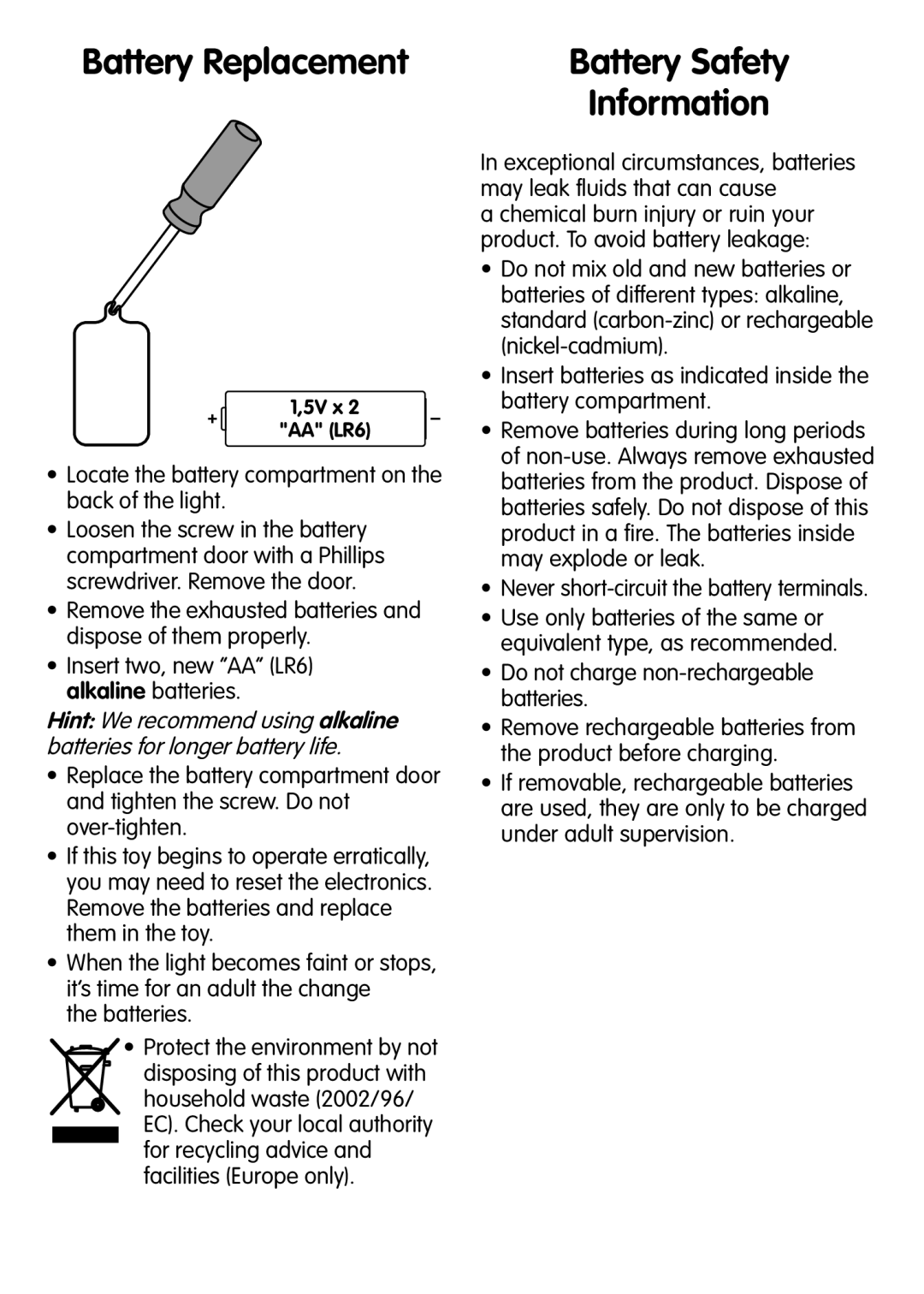 Fisher-Price W0269 instruction sheet Battery Replacement, Battery Safety Information 