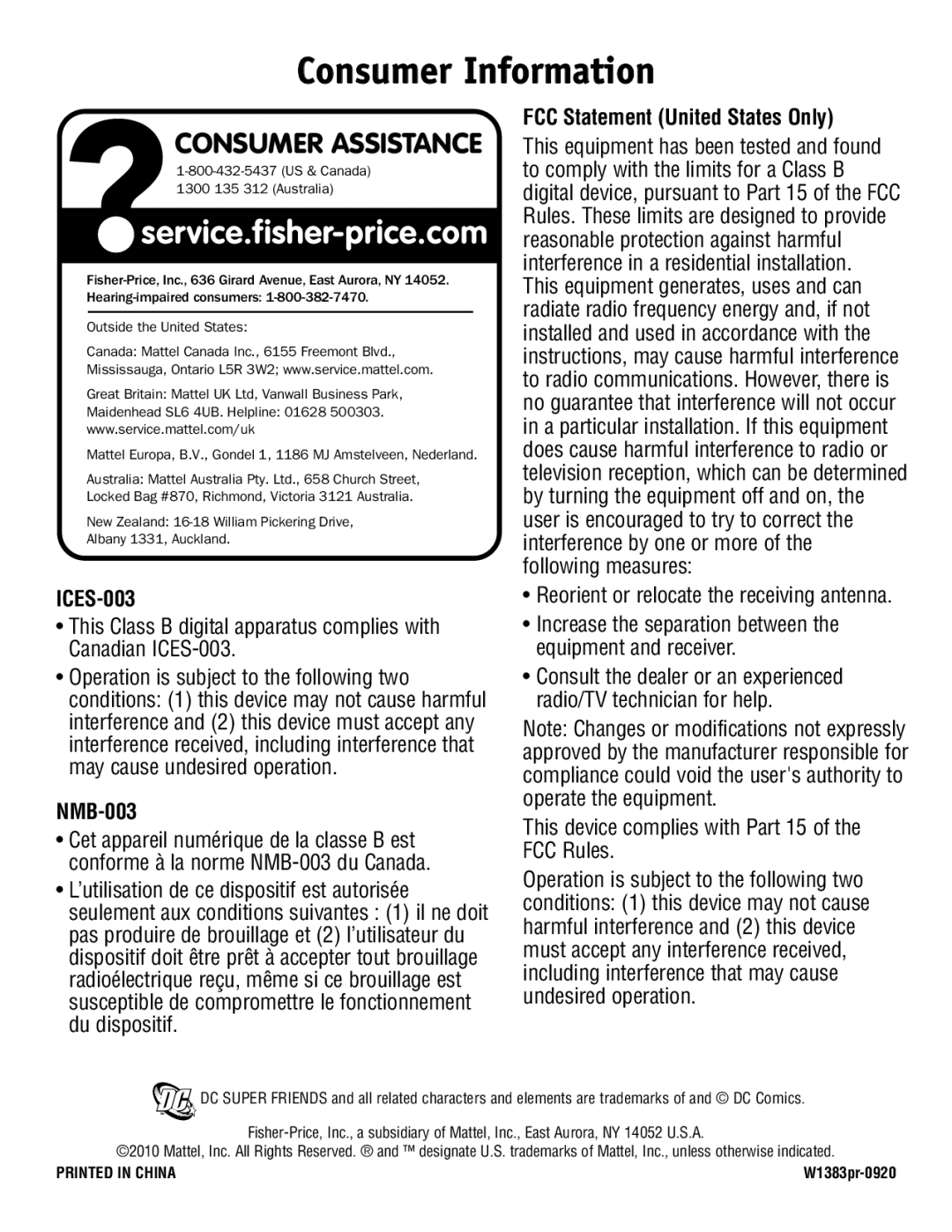 Fisher-Price W1383 instruction sheet Consumer Information, ICES-003, NMB-003, FCC Statement United States Only 