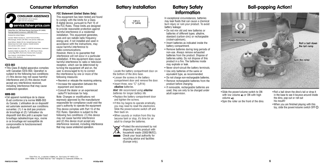 Fisher-Price W1392 instruction sheet Information 