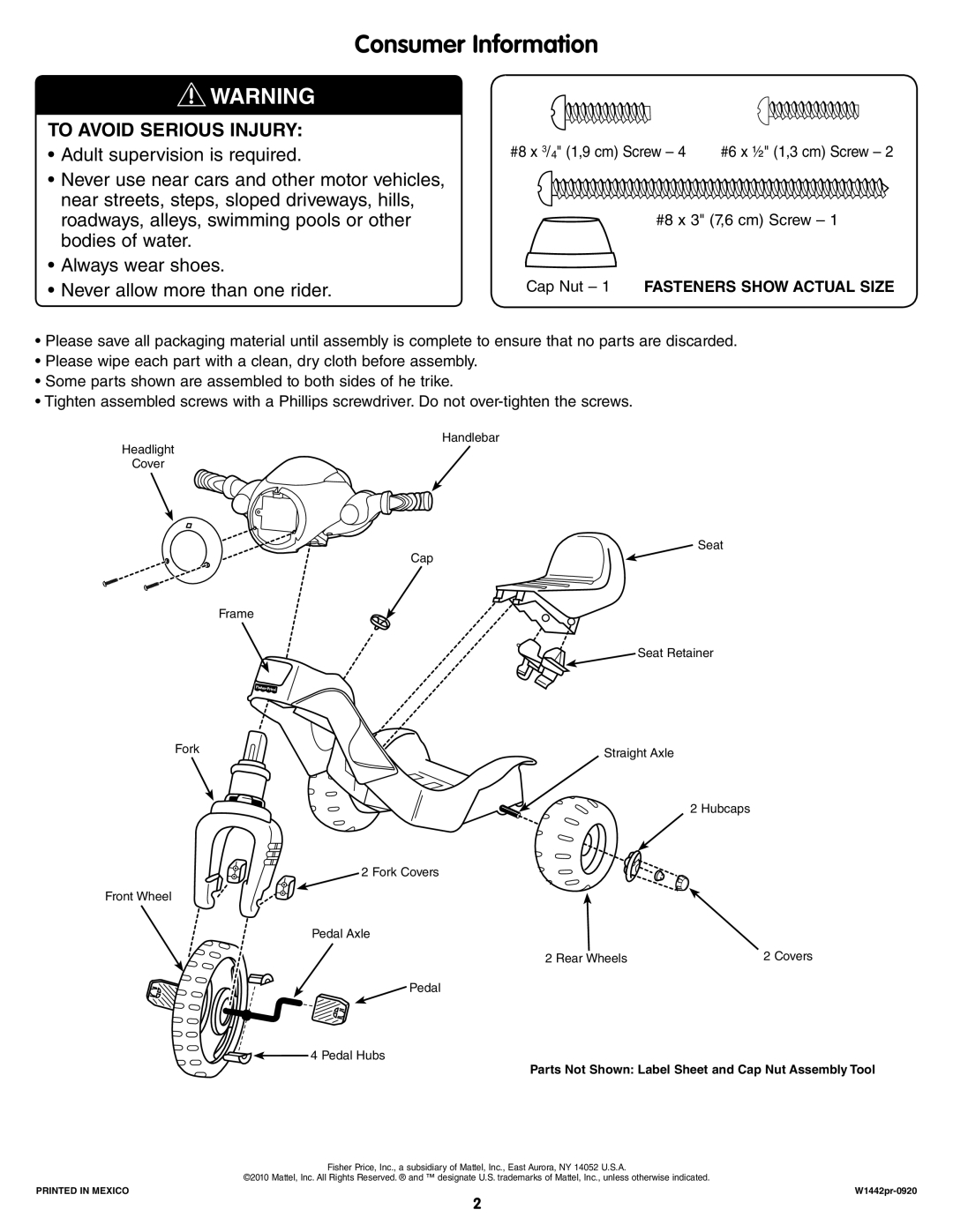 Fisher-Price W1442 instruction sheet Consumer Information, Cap Nut 1 Fasteners Show Actual Size 