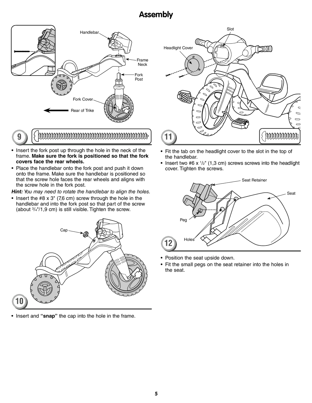 Fisher-Price W1442 instruction sheet Hint You may need to rotate the handlebar to align the holes 