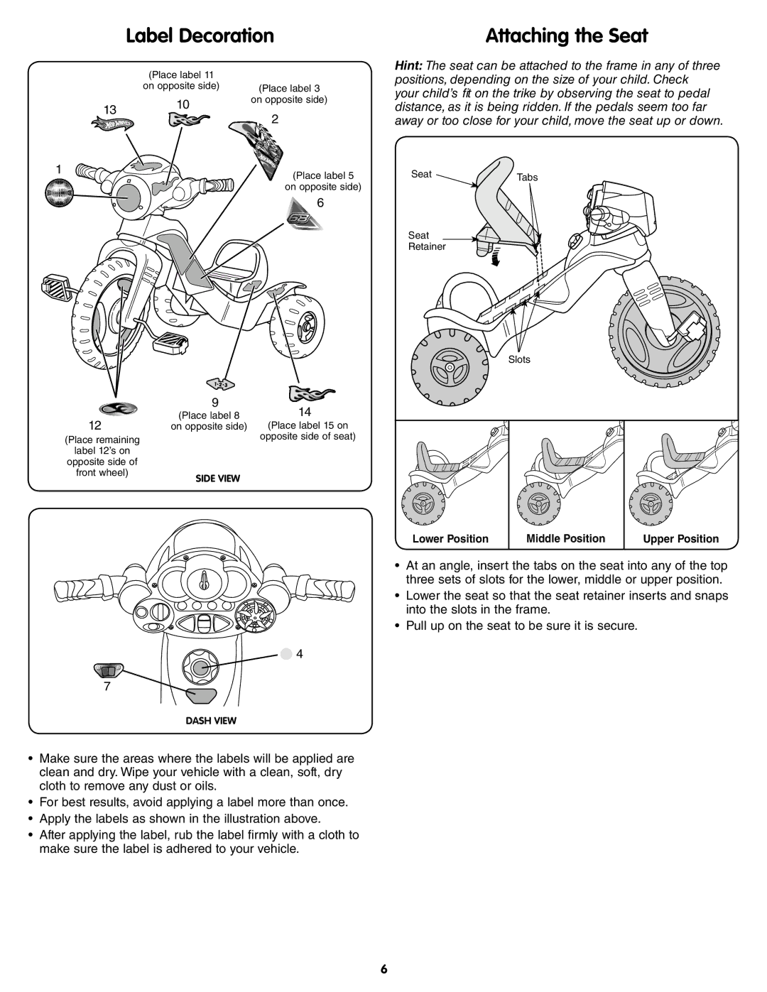 Fisher-Price W1442 instruction sheet Label Decoration, Attaching the Seat 