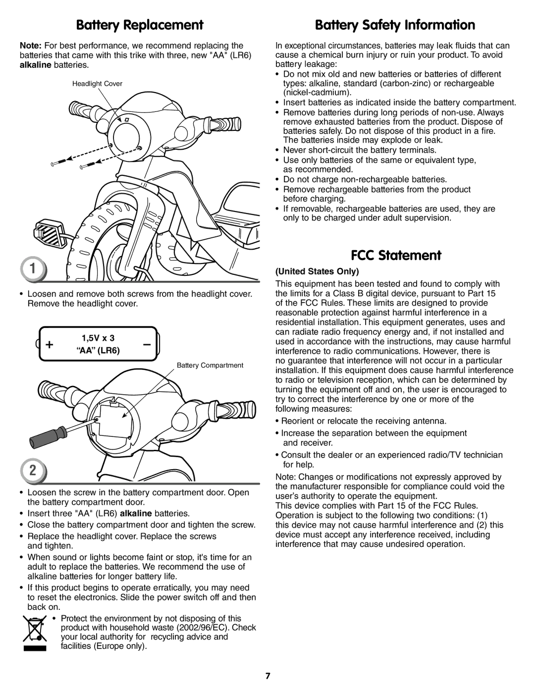 Fisher-Price W1442 Battery Replacement, Battery Safety Information, FCC Statement, 5V x AA LR6, United States Only 