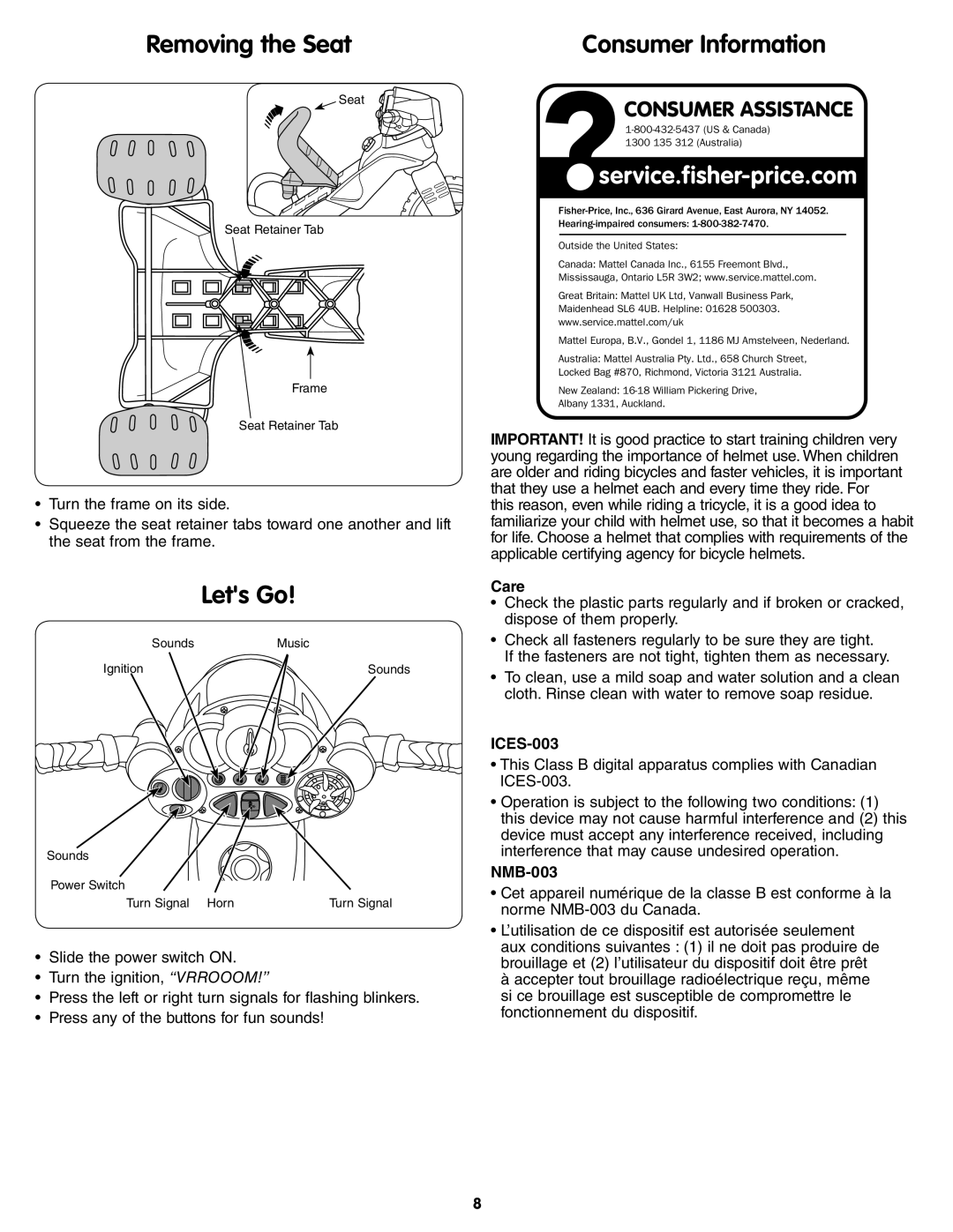 Fisher-Price W1442 instruction sheet Removing the Seat, Lets Go, Care, ICES-003, NMB-003 