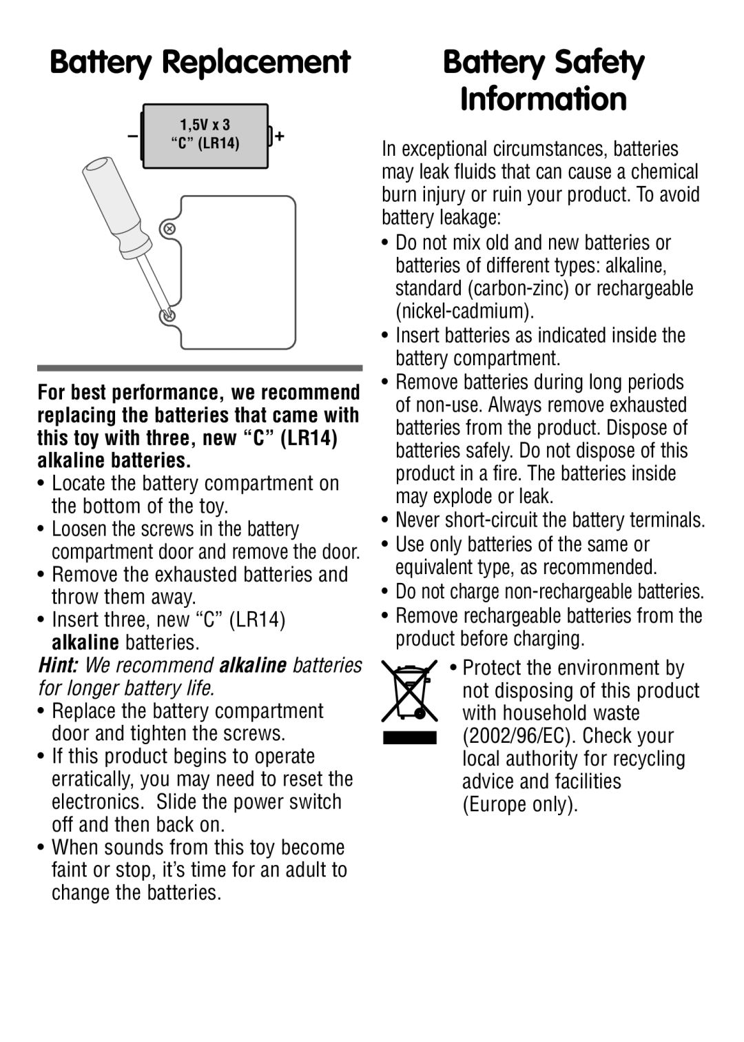 Fisher-Price w1461 manual Battery Replacement, Battery Safety Information 