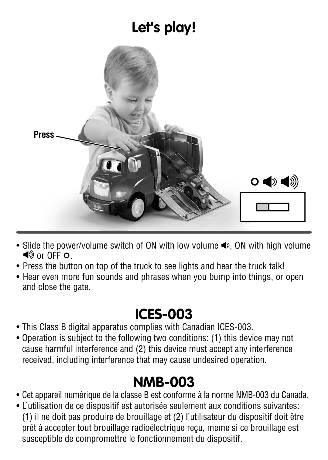 Fisher-Price w1461 manual Lets play, ICES-003, NMB-003, Press 