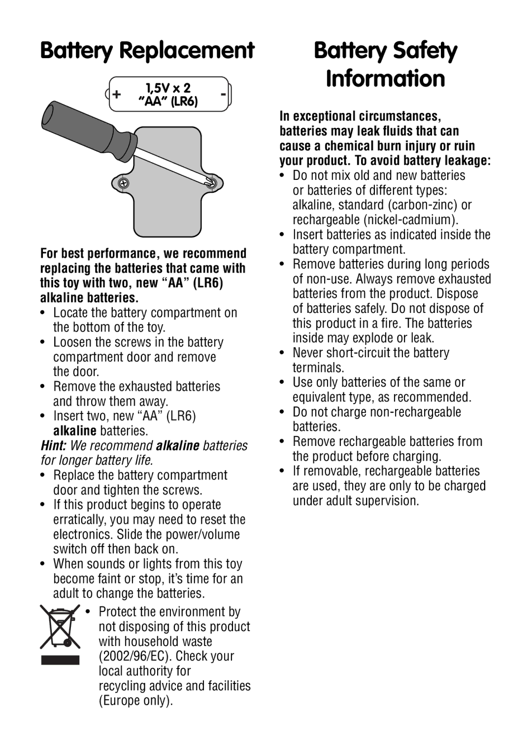 Fisher-Price W1669 instruction sheet Battery Replacement, Battery Safety Information, 5V x AA LR6 