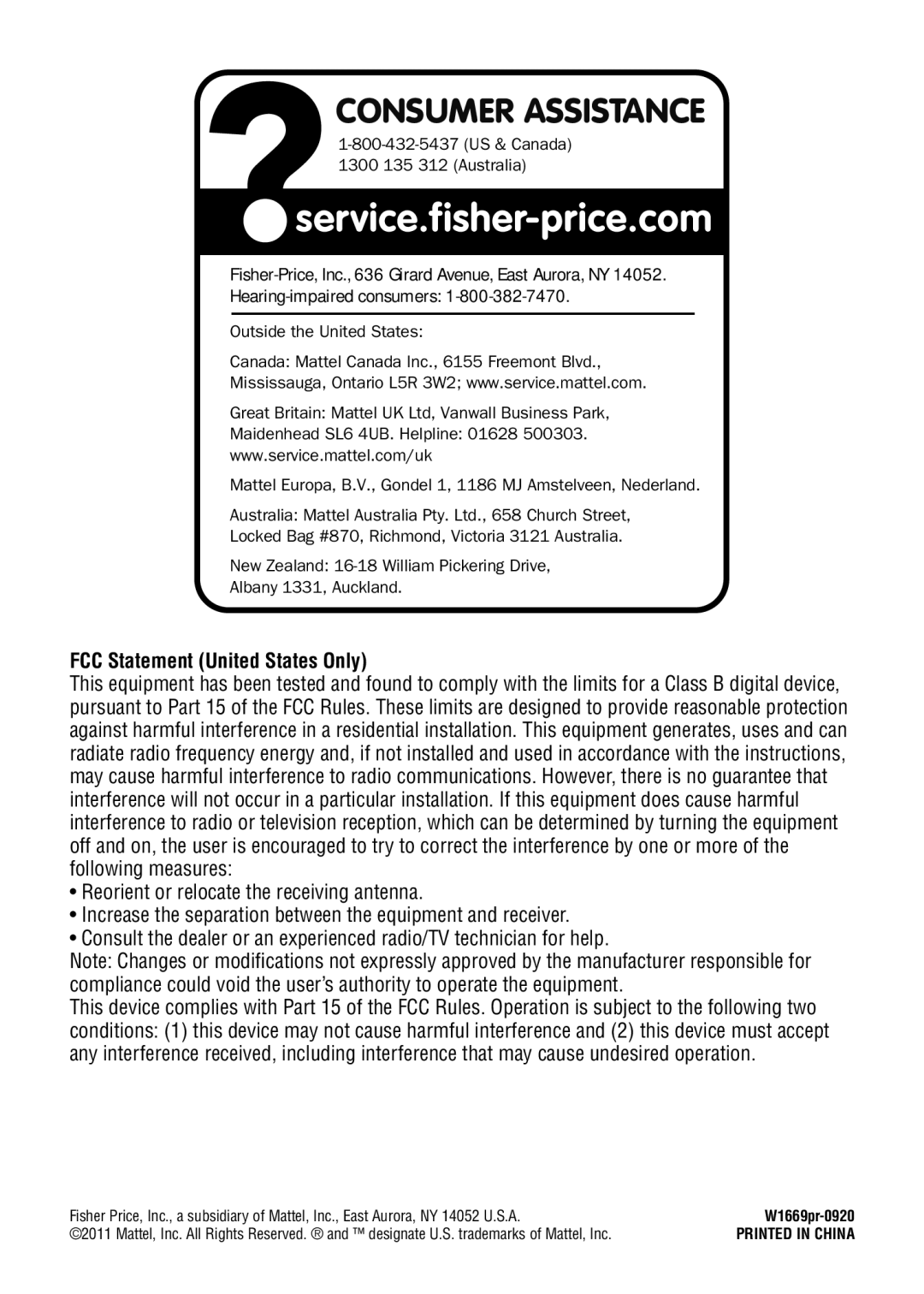 Fisher-Price W1669 instruction sheet Consumer Assistance 