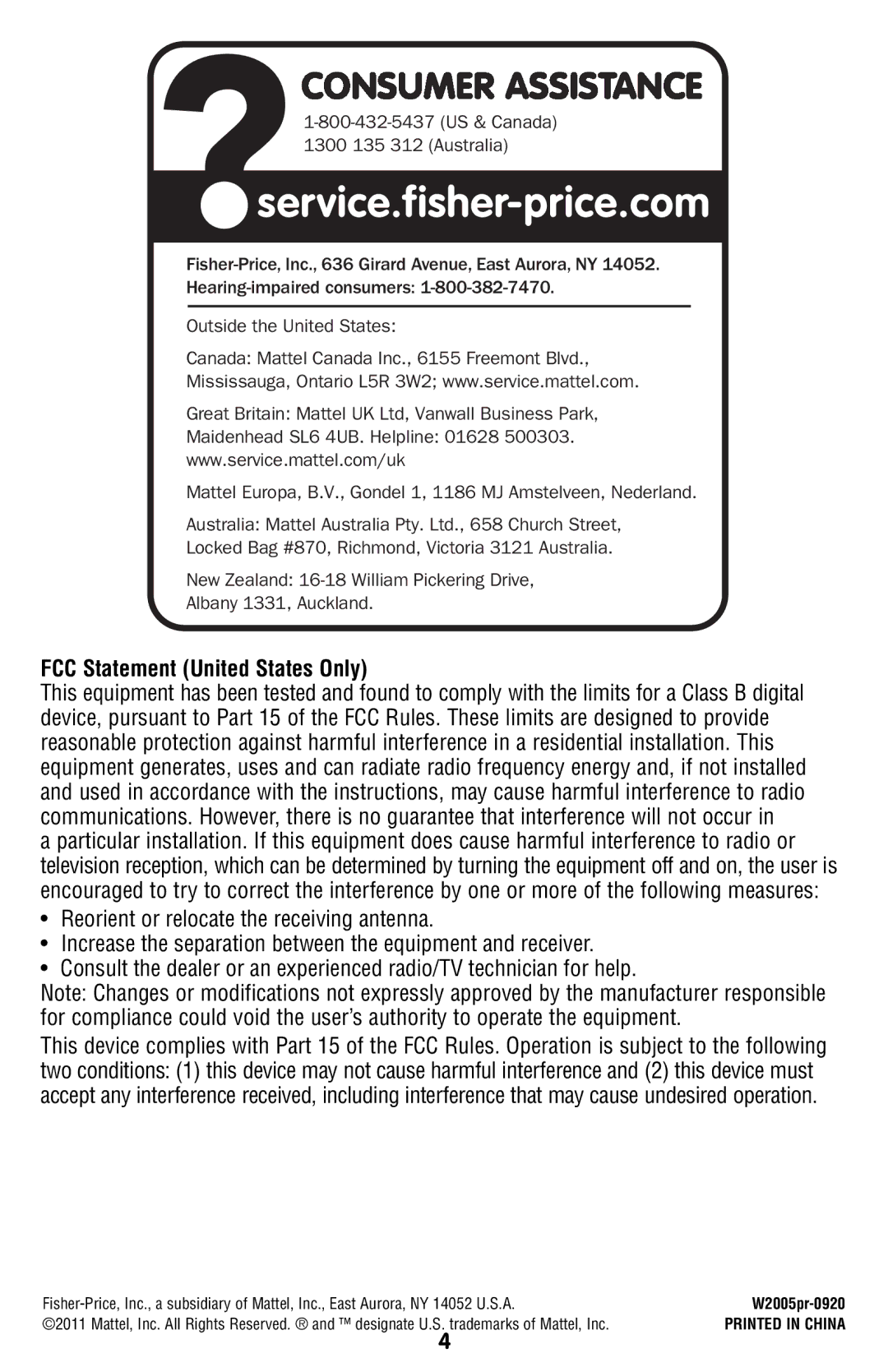 Fisher-Price W2005 manual FCC Statement United States Only 