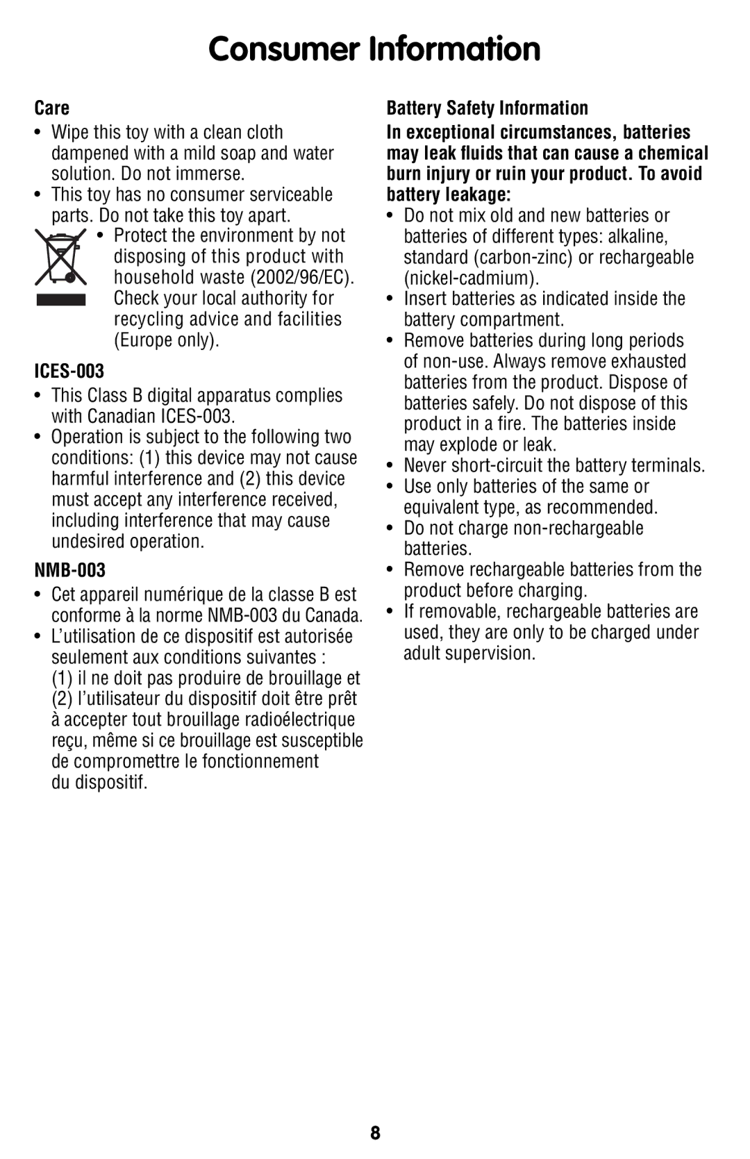 Fisher-Price W2005 manual Care, ICES-003, NMB-003, Battery Safety Information 