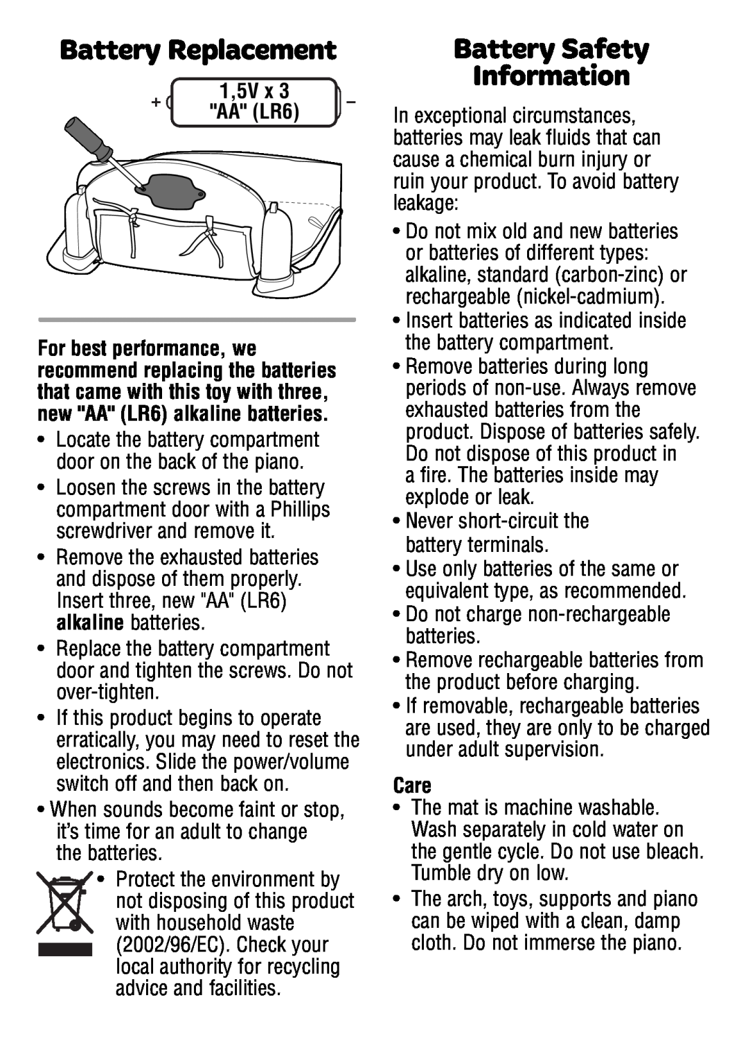 Fisher-Price W2621 instruction sheet Battery Replacement, Battery Safety Information, 1,5V x AA LR6, Care 