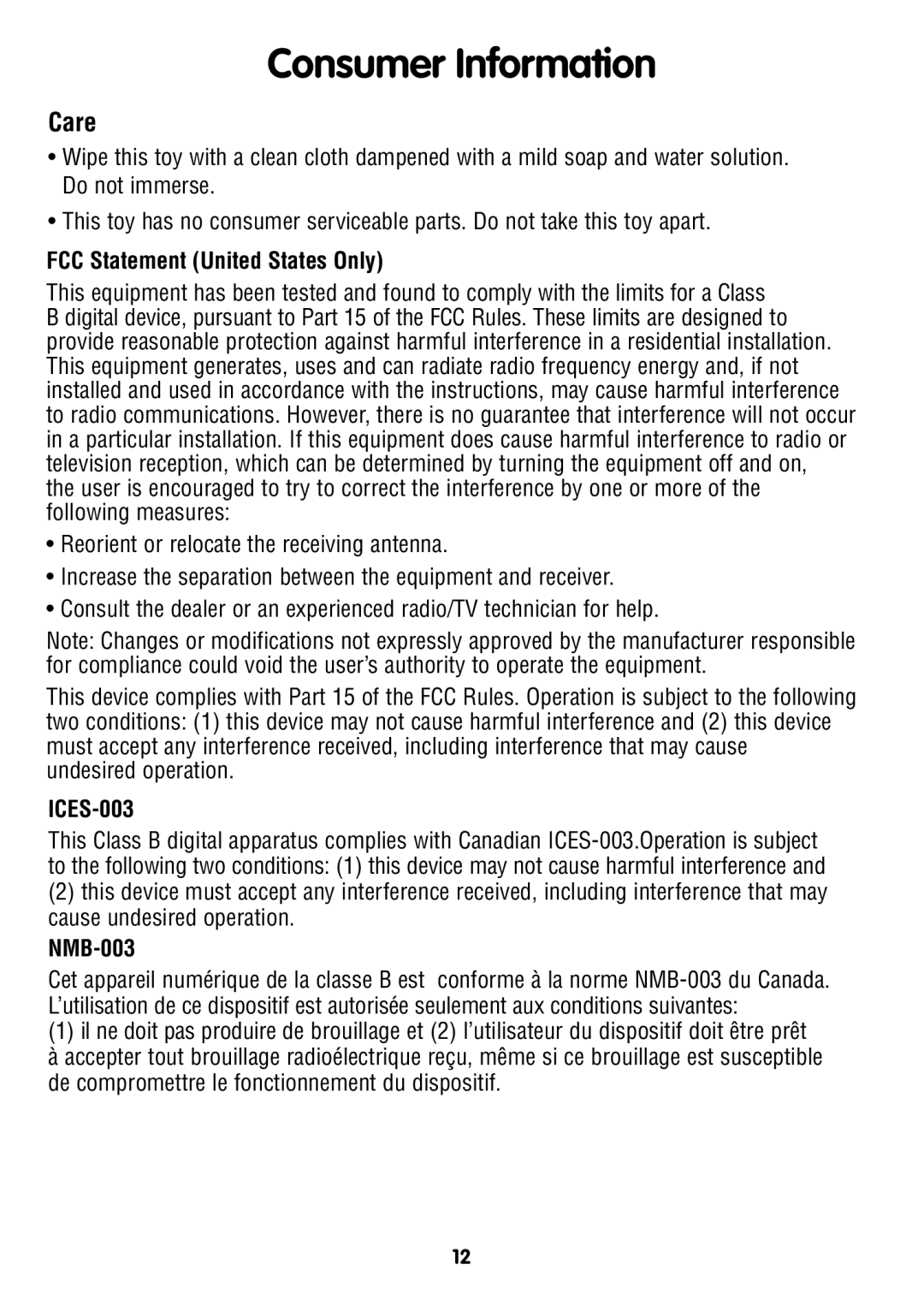 Fisher-Price W2622 instruction sheet Consumer Information, Care, FCC Statement United States Only, ICES-003, NMB-003 