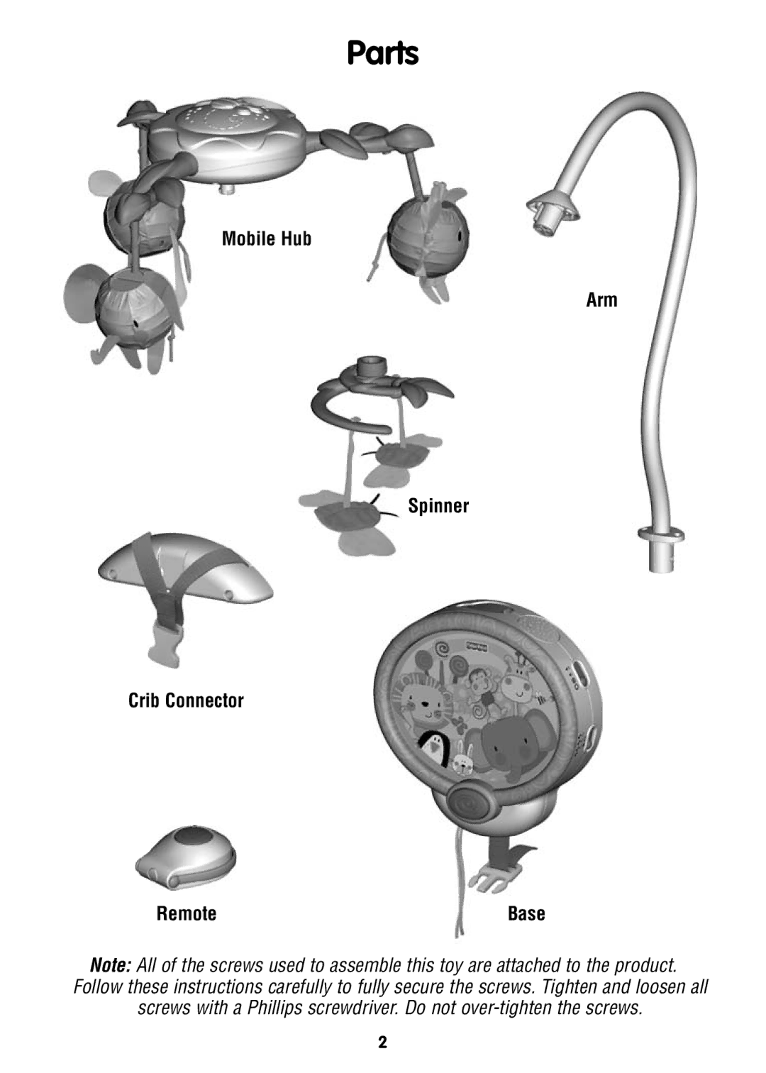 Fisher-Price W2622 instruction sheet Parts, Mobile Hub Arm Spinner Crib Connector Remote 
