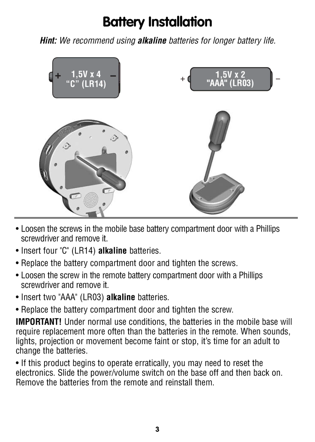 Fisher-Price W2622 instruction sheet Battery Installation, 5V x LR14 AAA LR03 