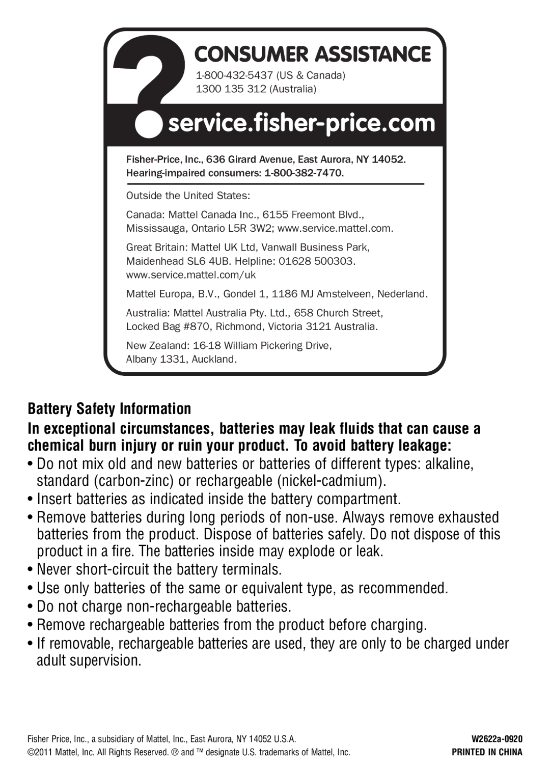 Fisher-Price W2622 instruction sheet Consumer Assistance, Battery Safety Information 