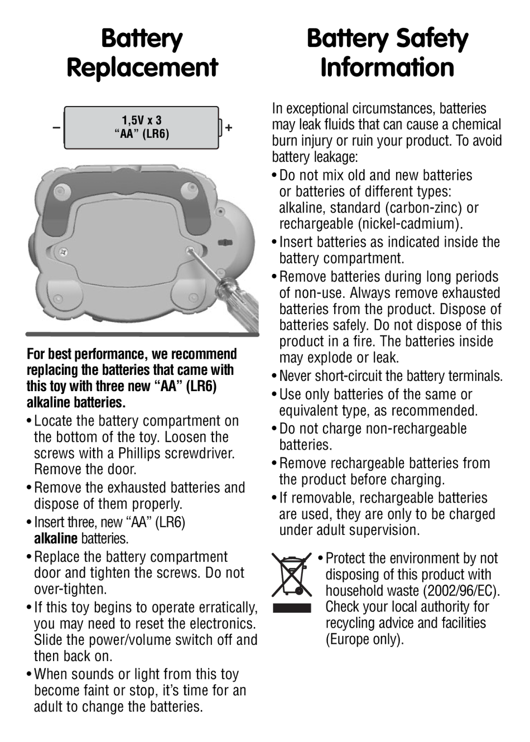 Fisher-Price W2783 instruction sheet Battery Replacement, Battery Safety Information 