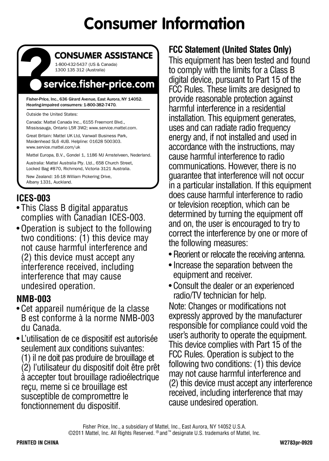 Fisher-Price W2783 instruction sheet Consumer Information, Consumer Assistance 