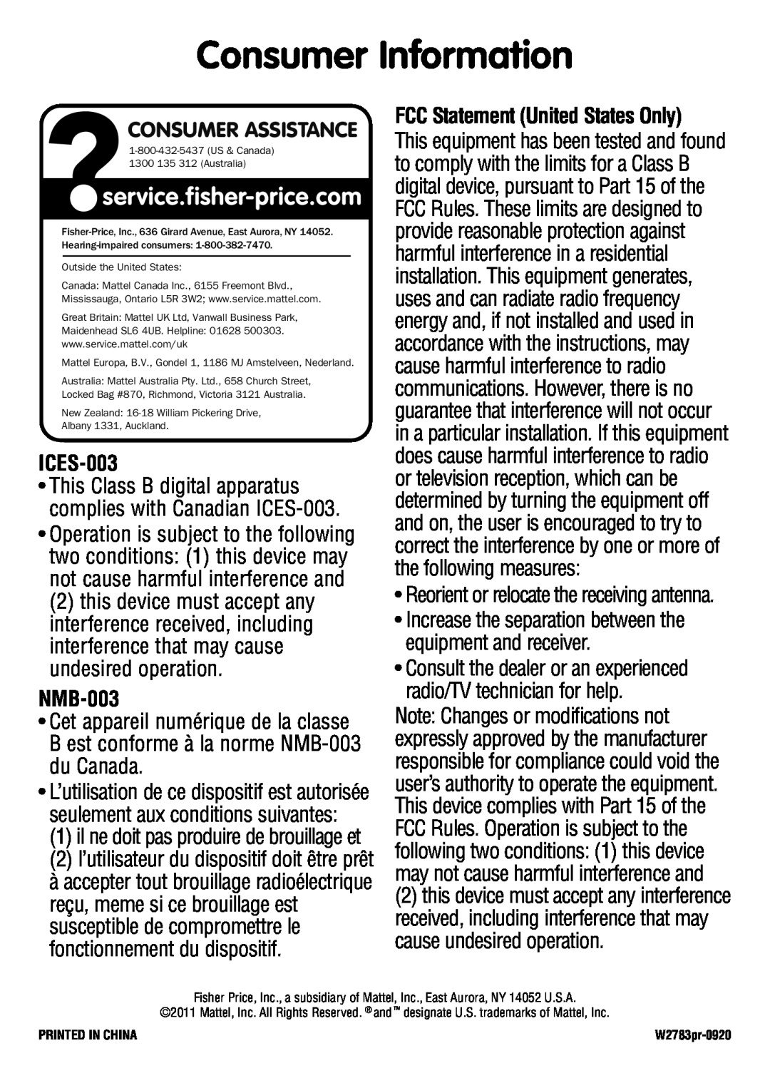Fisher-Price W2783 Consumer Information, Consumer Assistance, ICES-003, NMB-003, FCC Statement United States Only 